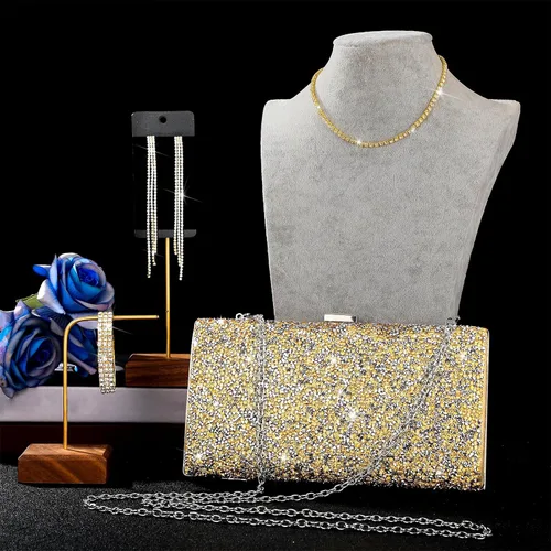 Vista 6 de Kigeli 4 piezas de diamantes de imitación para mujer, bolsa de embrague de noche, collar y pulsera para boda formal
