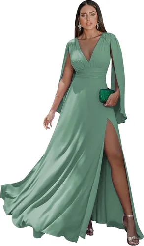 Vista 27 de Women's Long Sleeve Bridesmaid Dresses V-Neck Chiffon Ruched Formal Dress Evening Gown with Slit