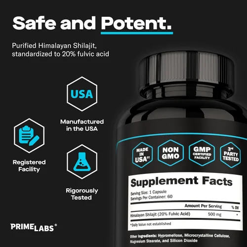 Vista 3 de Prime Labs Shilajit Cápsulas para hombres – 500 mg de Shilajit del Himalaya (20% ácido fúlvico) – Energía, vitalidad, soporte de testosterona