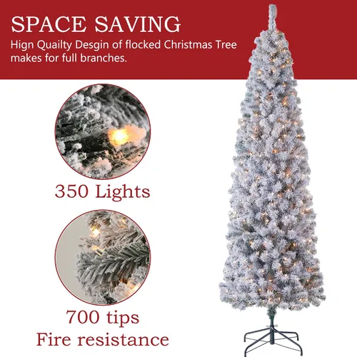 Vista 8 de Árbol de Navidad artificial de lápiz flocado con luces de 7.5 pies, árbol de Navidad preiluminado artificial con 350 luces transparentes, árboles