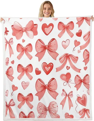 Vista 20 de Manta de franela de forro polar con lazos rosados femeninos de 40 x 50 pulgadas, manta mullida de corazones para el día de San Valentín para sofá