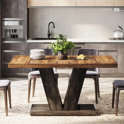 Vista 4 de Tribesigns Mesa de comedor de 47 pulgadas para 4, mesa de comedor de cocina negra con pedestal resistente, mesa de comedor de madera de granja