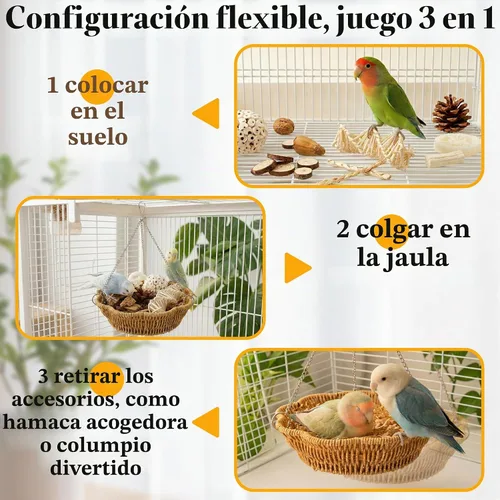 Vista 4 de Juego de 20 juguetes de forraje para pájaros con cesta colgante