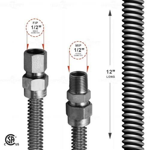 Vista 2 de Kit de conectores de gas de acero inoxidable de 12 pulgadas, conector de manguera de gas flexible de 5/8 pulgadas de diámetro exterior para rango