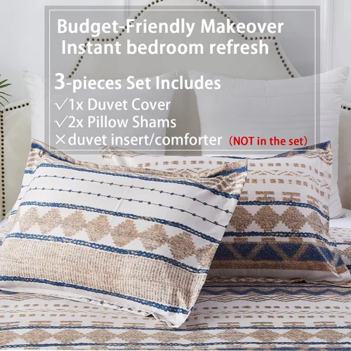 Vista 4 de Vaulia Funda de edredón de microfibra tamaño King, 3 piezas de ropa de cama con patrón geométrico de rayas beige para todas las estaciones con 1