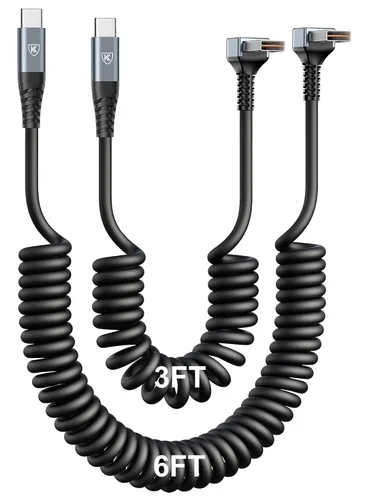 Vista 13 de Cable USB A a USB C de 90 grados, paquete de 2 cables USB tipo C en espiral de 3 pies para automóvil, cable de carga rápida USB-C compatible