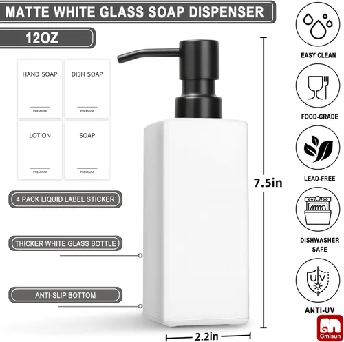 Vista 2 de Dispensador de Jabón Blanco GMISUN, Dispensador de Jabón de Mano para Baño, Dispensador de Vidrio con Bomba de Acero Inoxidable, Dispensadores