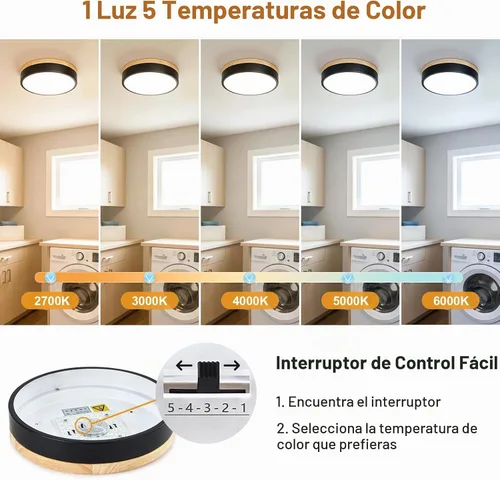 Vista 3 de Lámpara de techo LED regulable de madera, redonda, color negro, 11.81 pulgadas Moderna 2700K-6000K 5CCT Ajuste de Color Minimalista Para Cocina