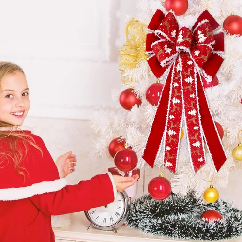 Vista 2 de Riceshoot 6 lazos grandes de Navidad para exteriores, 26 x 12 pulgadas, adorno para árbol de Navidad, lazo de terciopelo rojo con purpurina