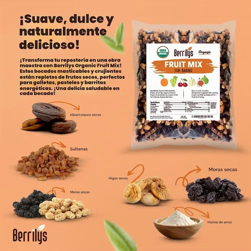 Vista 2 de Berrilys Mezcla de frutas secas, 2 libras, orgánica, higos cortados en cubitos, albaricoques en cubitos, moras blancas, sultanas, cerezas agrias