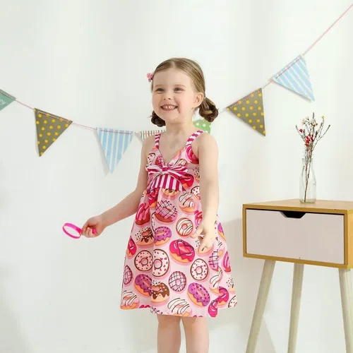 Vista 2 de Falda de verano para niñas pequeñas, vestido sin espalda con tirantes y estampado de helado