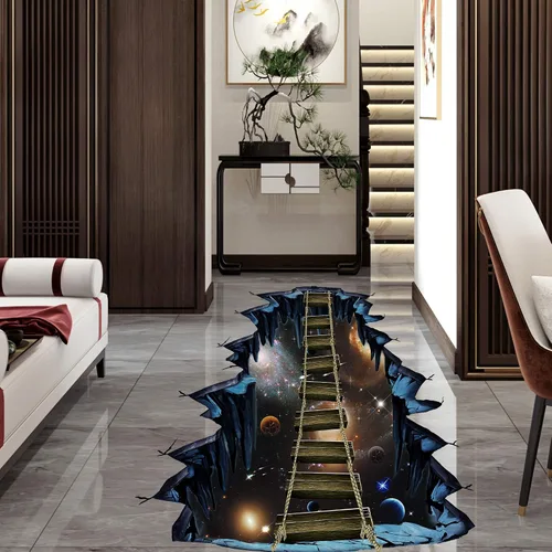 Vista 4 de Calcomanías de pared extraíbles 3D de planetas del espacio exterior, calcomanías creativas de pared de universo galaxia azul, decoración de escalera