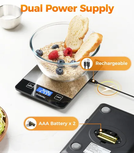 Vista 6 de Atogou Báscula de alimentos – Báscula digital de cocina de 33 libras, pantalla recargable y de visión completa, resistente al agua, carga de Negro