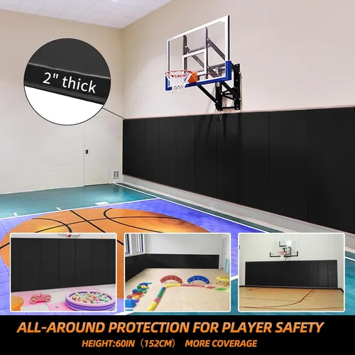 Vista 6 de Acolchados de Pared para Gimnasio Almohadilla de Protección de Pared para Cancha de Baloncesto - Colchoneta de Pared de Espuma Gruesa de 2" Negro