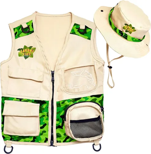 Vista 9 de Safari Kidz - Kit de explorador al aire libre, juego de chaleco y sombrero de camuflaje bronceado, aventuras de la naturaleza en el patio trasero