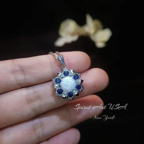 Vista 6 de Collar de ópalo – Colgante de flor de estrella de zafiro azul – 18 KGP @ Plata de ley – Piedra natal de octubre de septiembre – Joyería de ópalo