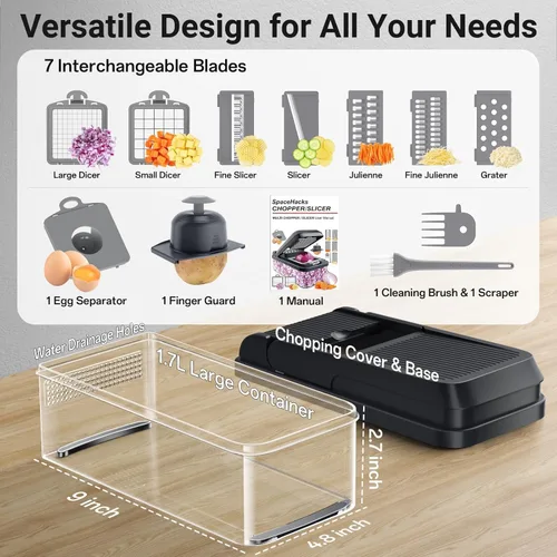 Vista 2 de SpaceHacks Picador de verduras 12 en 1, utensilios de cocina con 7 cuchillas, verduras, alimentos, picador de cebolla, rebanador de pepino