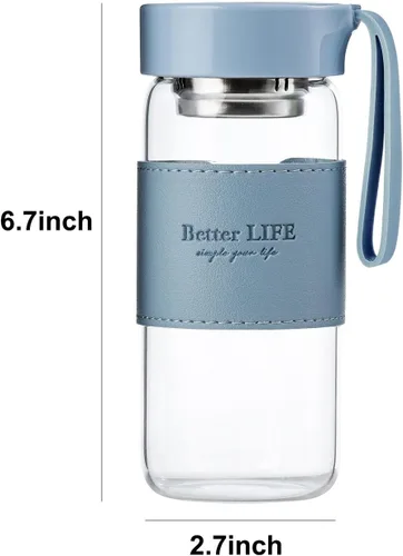 Vista 2 de Botella de Té de Vidrio de 16 oz Botella para Beber con Funda Antideslizante, e Infusor de Té de Acero Inoxidable, Tapa a Prueba de Fugas, Botella