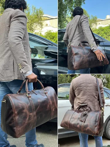 Vista 5 de Bolsa de lona de cuero hecha a mano de 30 L, cuero de grano superior, tamaño de cabina aprobado por la TSA, estilo clásico vintage con perspectiva