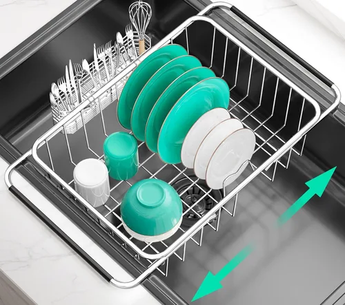 Vista 8 de Escurridor de platos grande para fregadero, escurridor de platos de metal de acero inoxidable 304 expandible con soporte para utensilios de acero