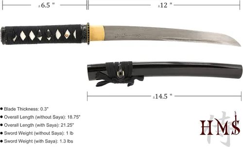 Vista 5 de HMS Espada Samurai Tanto japonesa, hierro Tsuba, acero al carbono 1045, forjada a mano templada, espiga completa, afilada afilado a mano