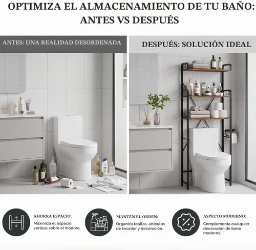 Vista 6 de Gabinete de almacenamiento sobre el inodoro, estante de baño independiente Marrón