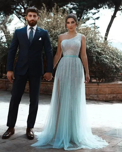 Vista 4 de Vestidos largos de lentejuelas de un hombro para mujer, vestido de noche formal con abertura alta de tul brillante 2024 con abertura