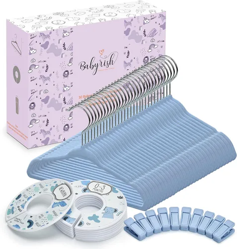 Vista 12 de Babyrish Perchas de terciopelo para bebé con 10 clips y 8 divisores (paquete de 30) Perchas ultrafinas para ropa de bebé de 11 pulgadas Fieltro