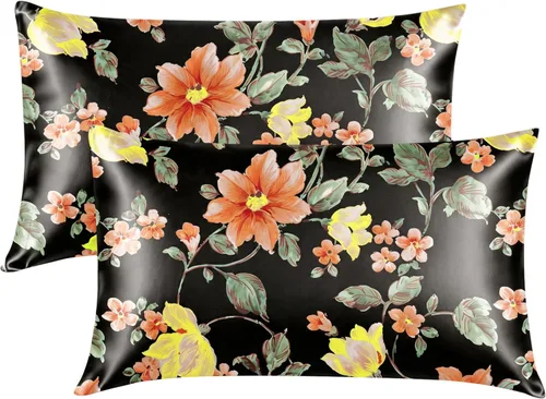 Vista 40 de EXQ Home - Funda de almohada de satén para cuidar el cabello y la piel, tamaño estándar, de seda con estampado negro, juego de 2 fundas con cierre