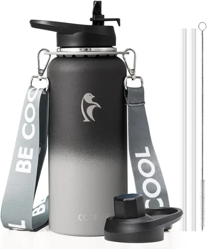Vista 32 de Botella de agua Coolflask de 40 onzas con correa, botella de agua metálica aislada con popote y tapas con pico, acero inoxidable de doble pared al