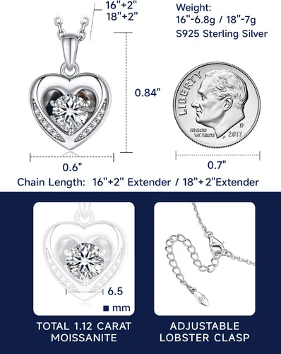 Vista 44 de MomentWish Collar de corazón para mujer, moissanita, diamante de imitación, plata de ley 925