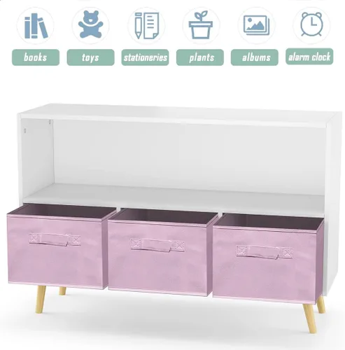 Vista 5 de Estantería abierta de madera, estante de exhibición de pie con patas de pino y 3 cajones de almacenamiento de tela, estantes modernos organizadores