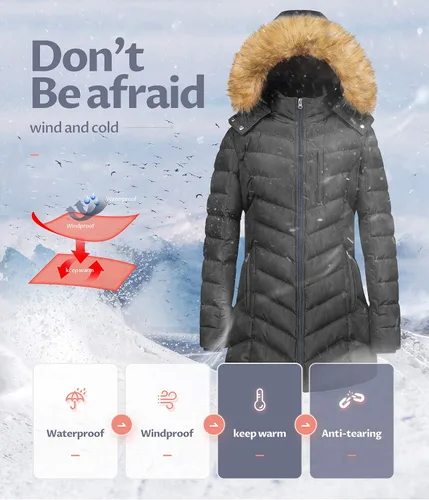 Vista 6 de CREATMO US Abrigo de invierno con capucha para mujer, impermeable, cálido, largo acolchado, parka