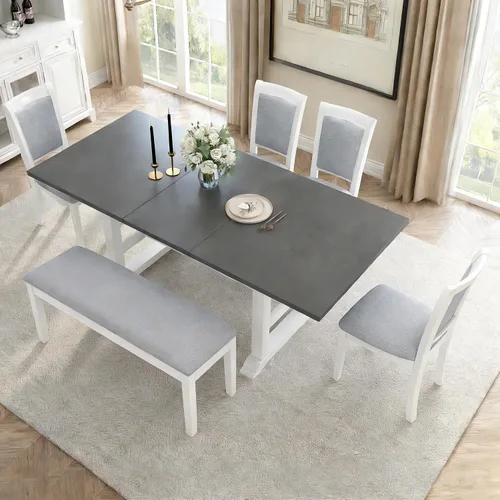 Vista 25 de JIVOIT Farmhouse 6 Piece Dining Table Set, Counter Height Table Set with 4 Chairs and a Bench, Rubber Wood Expandable Bar Table Set with Rivet Gris-3