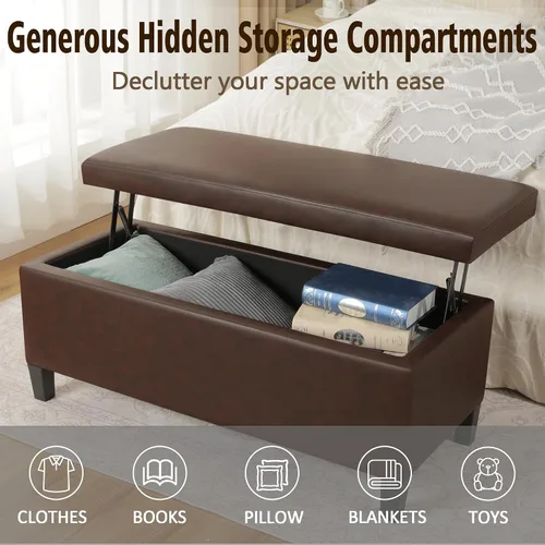 Vista 6 de Homebeez Banco otomano de almacenamiento de piel sintética de 42 pulgadas con parte superior elevadora, moderno reposapiés rectangular para sala