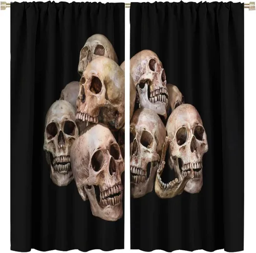 Vista 28 de Cortinas de cabeza de calavera, calavera blanca y rosas rojas con ramas y hojas negras, cortinas opacas decorativas para sala de estar, dormitorio