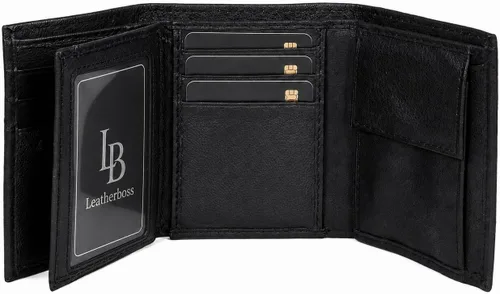 Vista 6 de Leatherboss - Cartera de piel para niños, delgada, compacta, con solapa y bolsillo para monedas, para hombres y mujeres, color negro