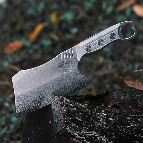 Vista 4 de Cuchillo de carnicero, cuchillo de chef de 6 pulgadas con funda, cuchillo de carnicero de espiga completa con mango verde G10, acero de damasco