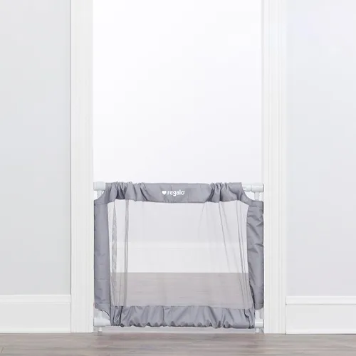 Vista 7 de Regalo Puerta de malla extensible gris extra ancha de 50 pulgadas, montada a presión, incluye parachoques de goma para proteger las paredes, gris
