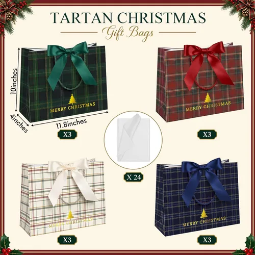 Vista 2 de Silkfly Paquete de 12 bolsas de regalo de papel de Navidad de tartán