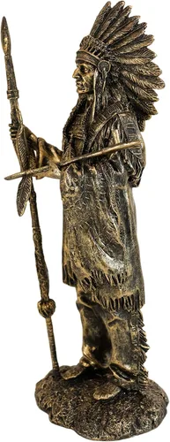 Vista 5 de Ebros nativo americano indio guerrero tribal jefe con tocado de batalla sosteniendo lanza y estatua de pipa Chalumet como decoración del hogar