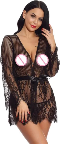 Vista 3 de Lencería para mujer encaje en V con bragas peluche sexy babydoll ropa de dormir profunda talla grande lencería para mujer corsé 5X negro XL