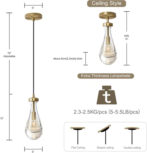 Vista 5 de Juego de luces colgantes Joyunleo en forma de gota de lluvia de 3 piezas, juego de 3 luces colgantes para isla de cocina, luces colgantes de vidrio