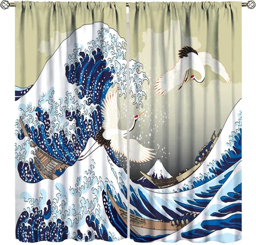 Vista 10 de Cortinas de estilo japonés, flor de cerezo, grúa de amanecer, estilo asiático, cortinas opacas para dormitorio, sala de estar, juego de 2 paneles