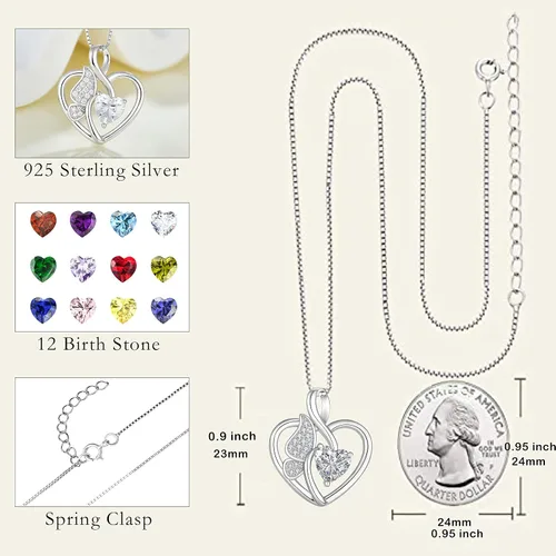 Vista 5 de Lwsary Butterfly Necklace 925 Sterling Silver Love Heart Pendant with Birthstone, Jewelry Gift for Woman Mother Mom Wife Her Girlfriend Girl