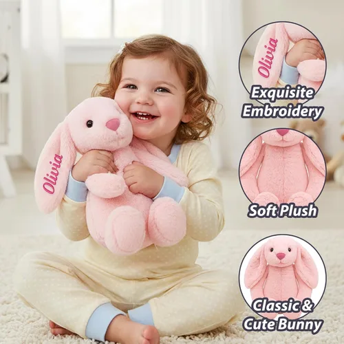 Vista 6 de TNYKER Conejito de Pascua personalizado para bebés, con nombre personalizado, conejito de peluche con orejas largas con monograma, muñeca de conejo