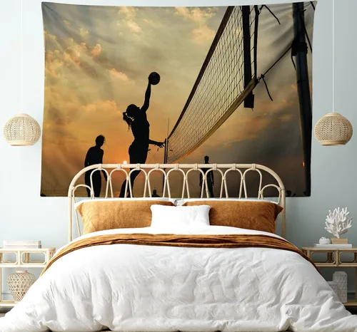 Vista 5 de Lunarable Tapiz de voleibol, deportes de playa al atardecer, red de cielo abierto y actividades de pelota, diversión y juegos, decoración de tela