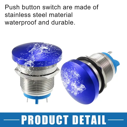 Vista 5 de Impermeable IP65 Momentaria Cabeza de Seta Interruptor de Botón para Coche Metal 0.748 in 3A 250V Botón Interruptor Azul (Juego de 2)
