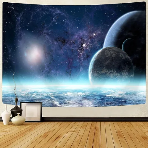 Vista 7 de Delur Tapiz de mandala negro y dorado, astrología, espacio, hippie bohemio, medallón floral, tapiz para colgar en la pared, estético, cabecero