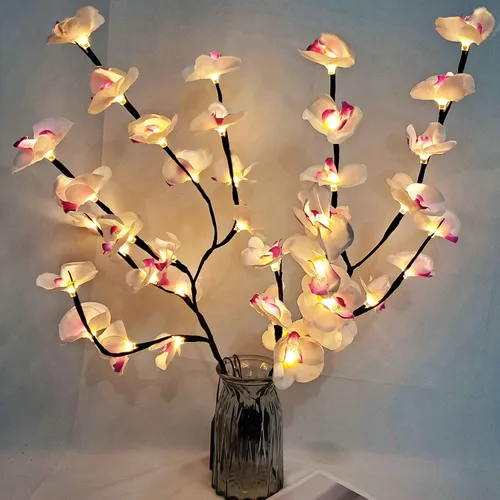 Vista 3 de Paquete de 2 luces LED de árbol de orquídea de mariposa, funciona con pilas, lámpara decorativa de árbol iluminada, ramas iluminadas, luces LED